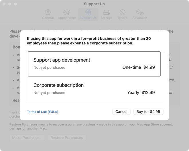 Settings Window Purchase Details