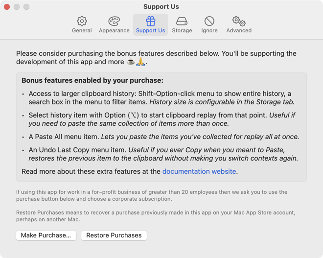 Settings Window Support Us Tab