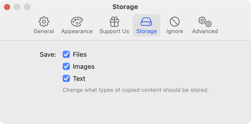 Settings Window Storage Tab